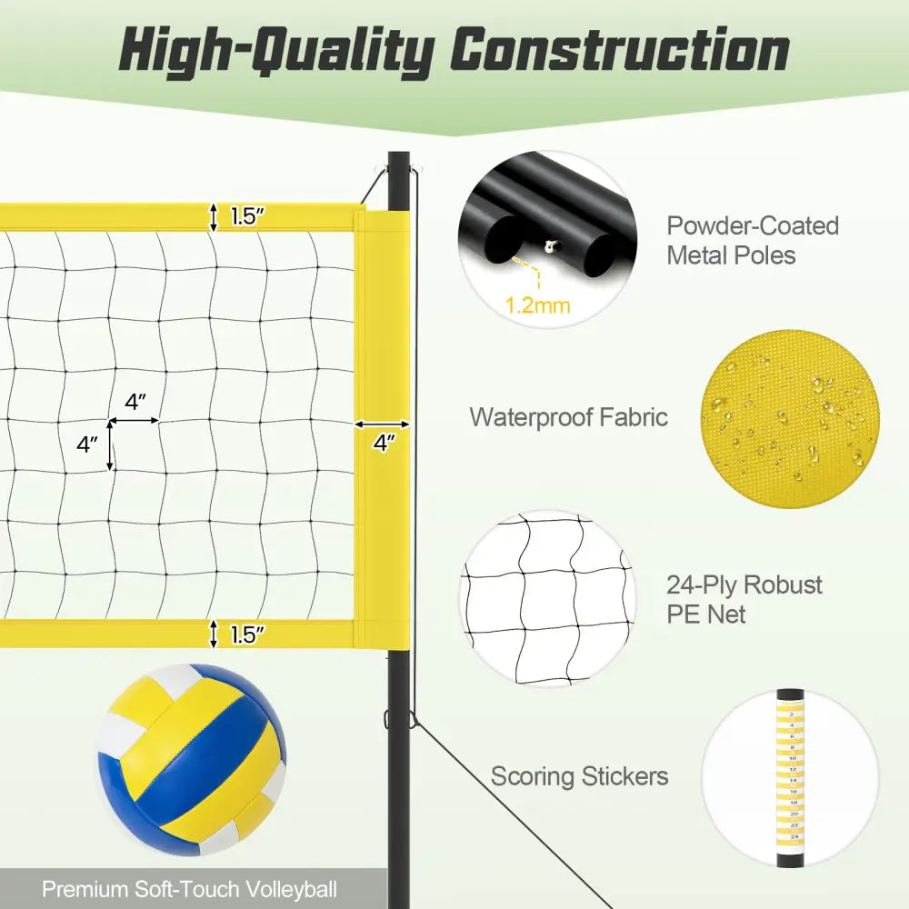Portable Outdoor Volleyball Net Set Heavy-Duty Volleyball Net System-Yellow - Yellow - Sport Equipments
