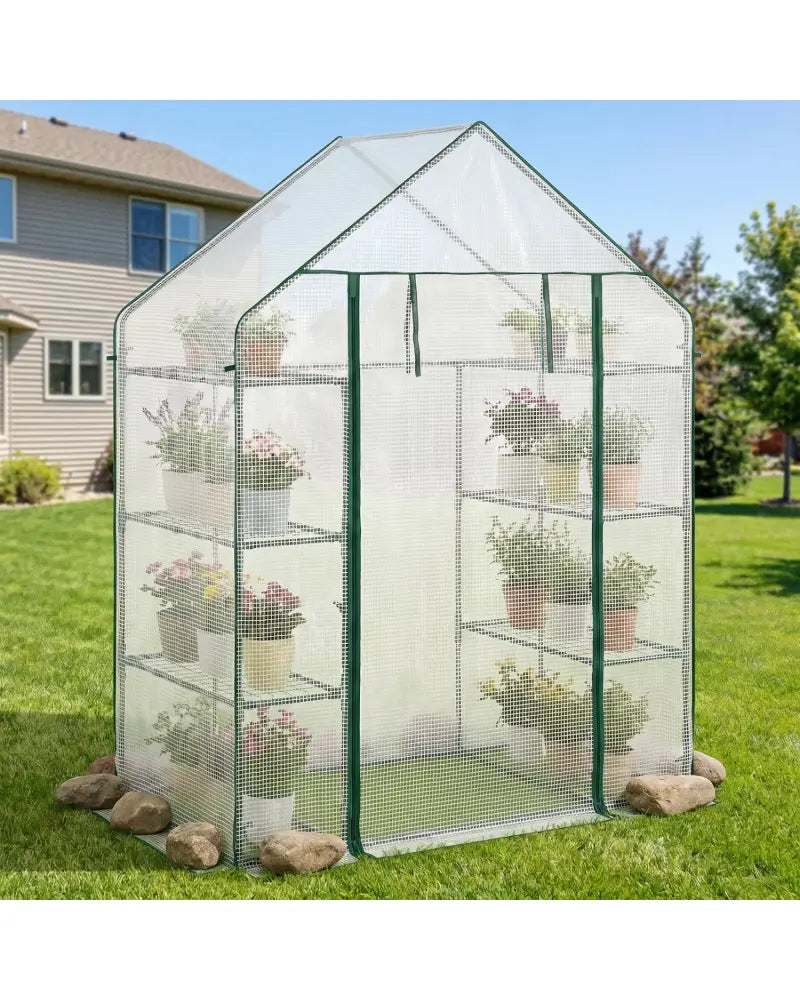 Portable Walk-in Greenhouse with 3 Tiers and 6 Shelves-White - White - Greenhouses