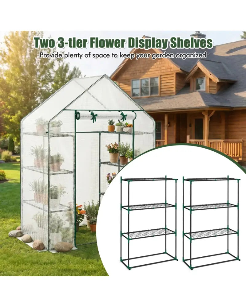 Portable Walk-in Greenhouse with 3 Tiers and 6 Shelves-White - White - Greenhouses
