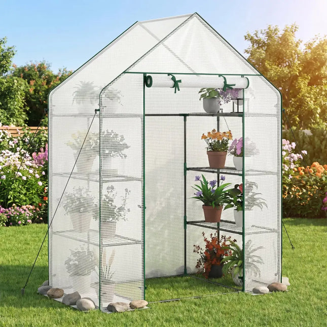 Portable Walk-in Greenhouse with 3 Tiers and 6 Shelves-White - White - Greenhouses