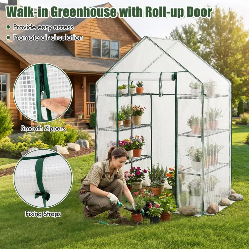 Portable Walk-in Greenhouse with 3 Tiers and 6 Shelves-White - White - Greenhouses