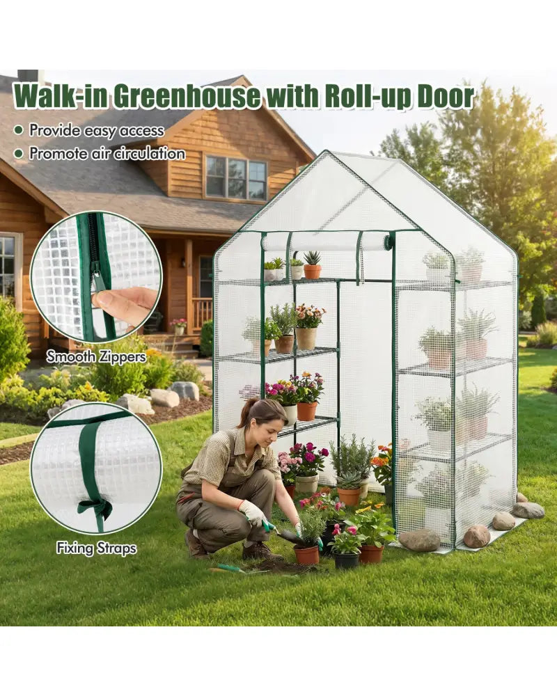 Portable Walk-in Greenhouse with 3 Tiers and 6 Shelves-White - White - Greenhouses