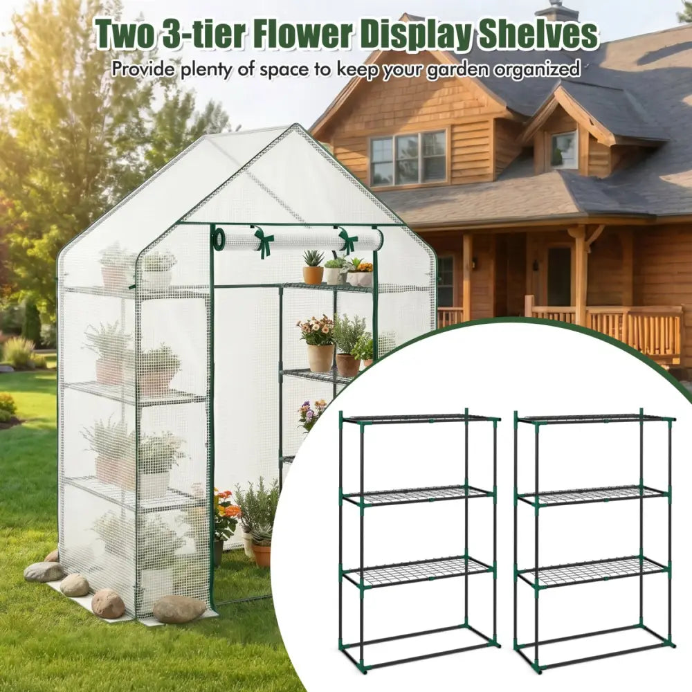 Portable Walk-in Greenhouse with 3 Tiers and 6 Shelves-White - White - Greenhouses