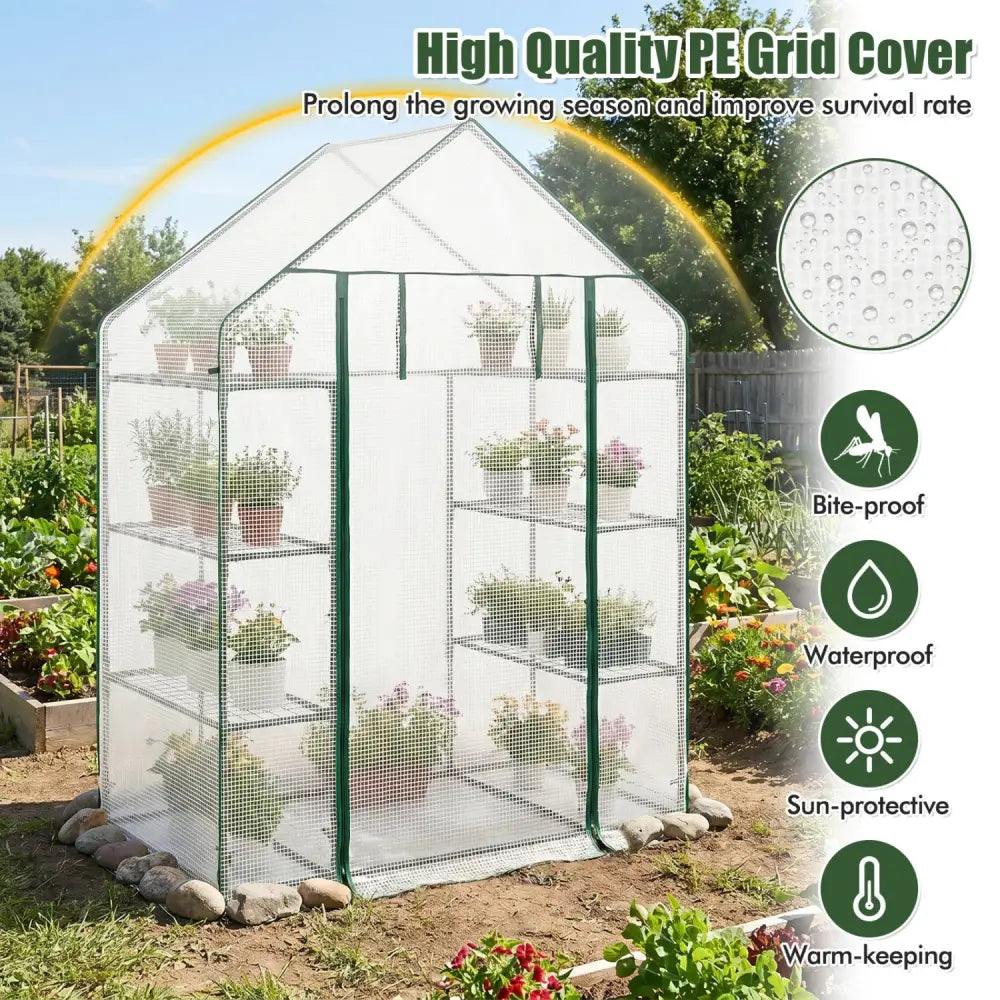 Portable Walk-in Greenhouse with 3 Tiers and 6 Shelves-White - White - Greenhouses