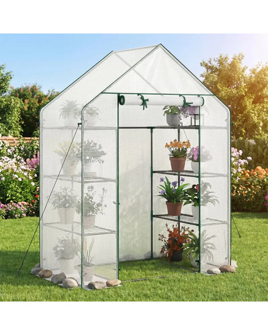 Portable Walk-in Greenhouse with 3 Tiers and 6 Shelves-White - White - Greenhouses