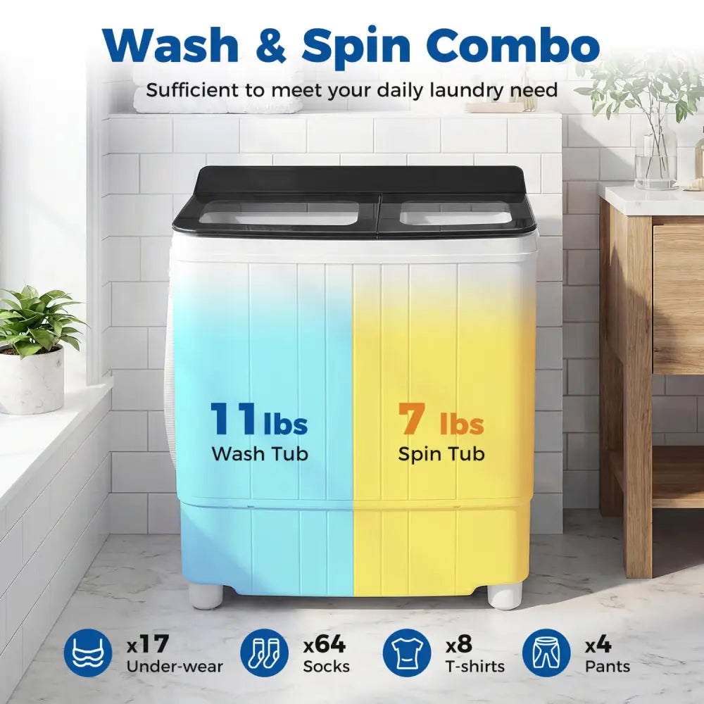 Portable Washing Machine 18 lbs Mini Laundry Machine with 11 LBS Washer-Black - Black - Washing Machines