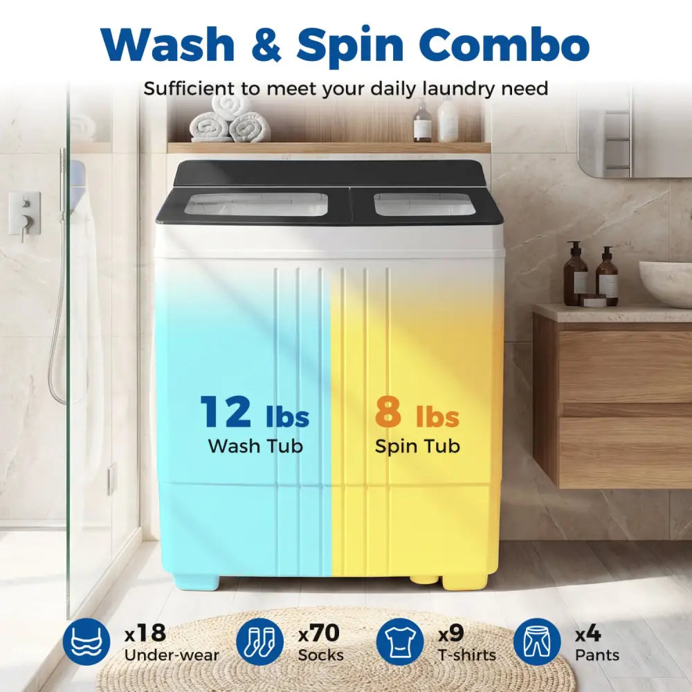 Portable Washing Machine with 12 LBS Washer and 8 LBS Spinner Combo for Apartments-Gray - Gray - Washing Machines