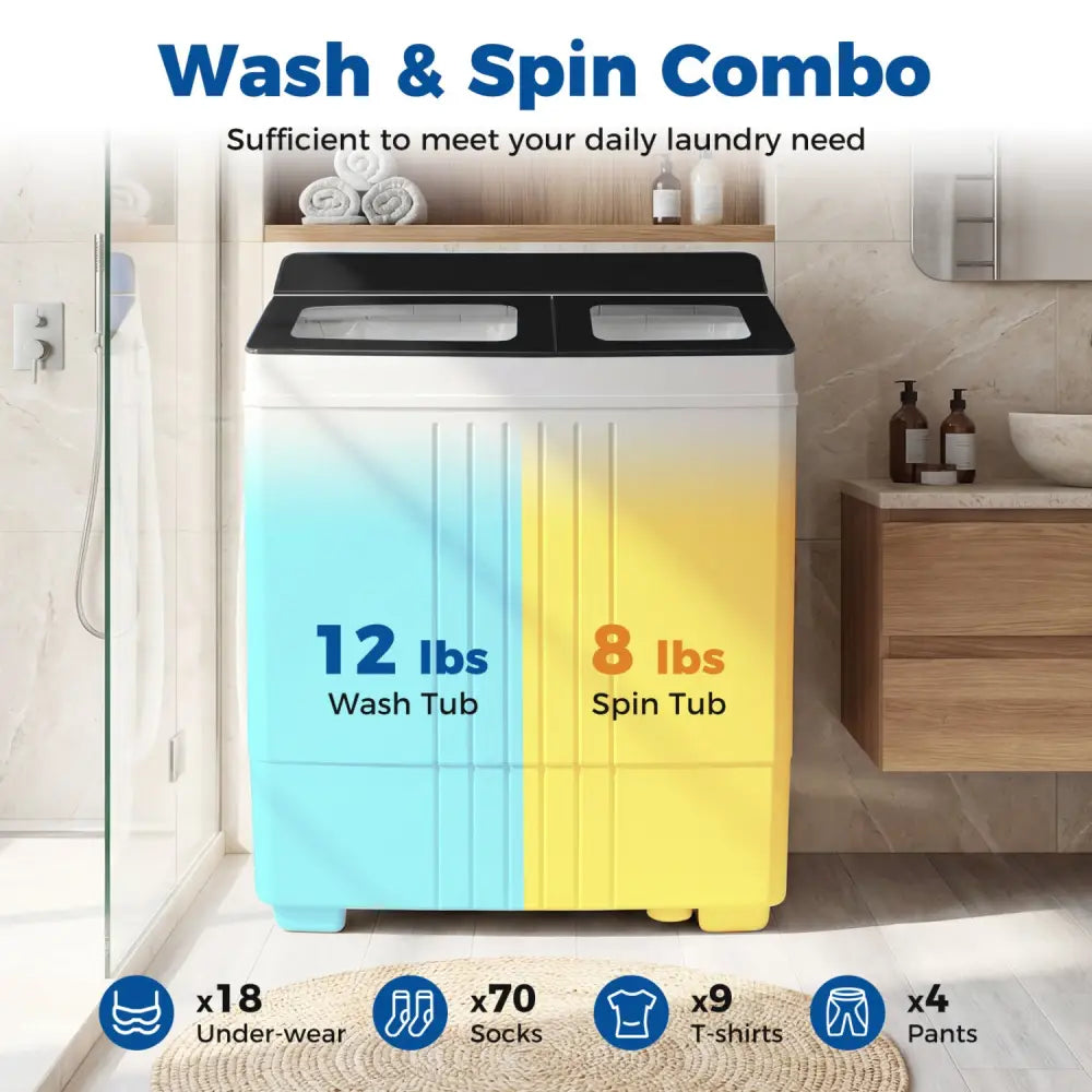 Portable Washing Machine with 12 LBS Washer and 8 LBS Spinner Combo for Apartments-Black - Black - Washing Machines