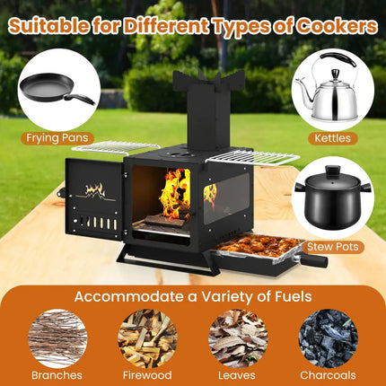 Portable Wood Burning Stove Mini Heater Burner with Pot Rack Oven Pan-Black - Black - Fire Pits