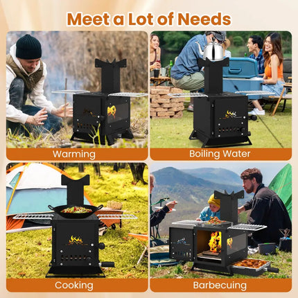 Portable Wood Burning Stove Mini Heater Burner with Pot Rack Oven Pan-Black - Black - Fire Pits