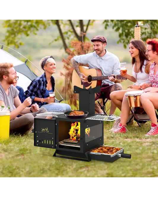 Portable Wood Burning Stove Mini Heater Burner with Pot Rack Oven Pan-Black - Black - Fire Pits
