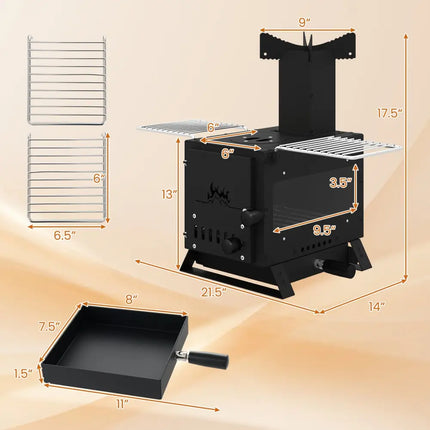 Portable Wood Burning Stove Mini Heater Burner with Pot Rack Oven Pan-Black - Black - Fire Pits