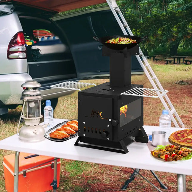 Portable Wood Burning Stove Mini Heater Burner with Pot Rack Oven Pan-Black - Black - Fire Pits
