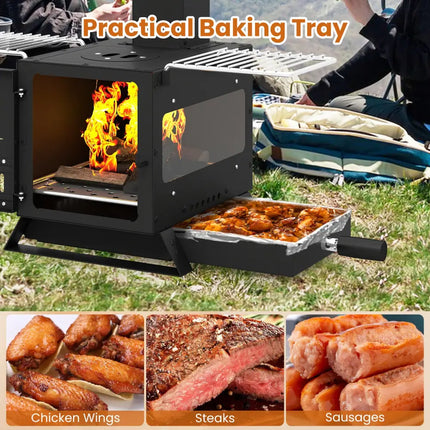 Portable Wood Burning Stove Mini Heater Burner with Pot Rack Oven Pan-Black - Black - Fire Pits
