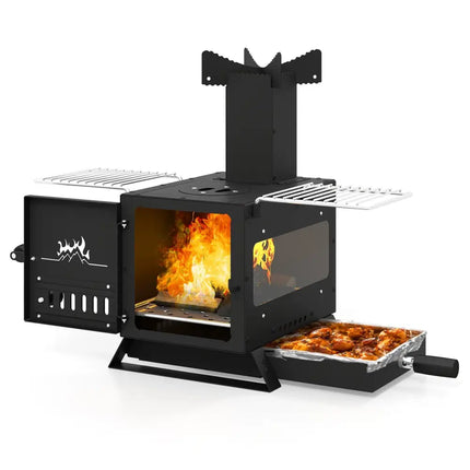 Portable Wood Burning Stove Mini Heater Burner with Pot Rack Oven Pan-Black - Black - Fire Pits