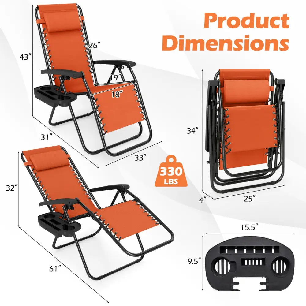 Portable Zero Gravity Chairs with Cup Holder Trays and Backrest-Orange - Orange - Beach & Lawn Chairs