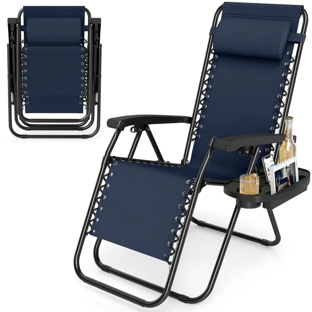 Portable Zero Gravity Chairs with Cup Holder Trays and Backrest-Navy - Navy - Beach & Lawn Chairs
