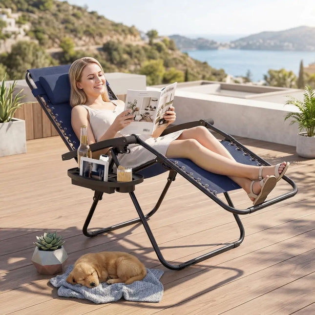 Portable Zero Gravity Chairs with Cup Holder Trays and Backrest-Navy - Navy - Beach & Lawn Chairs