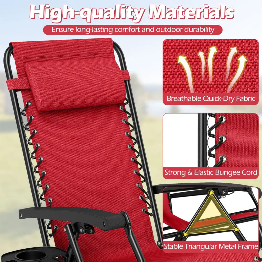 Portable Zero Gravity Chairs with Cup Holder Trays and Backrest-Red - Red - Beach & Lawn Chairs