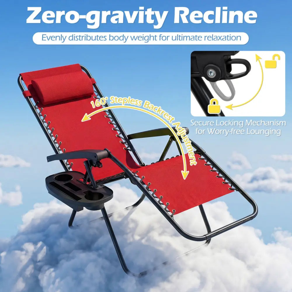 Portable Zero Gravity Chairs with Cup Holder Trays and Backrest Set of 2-Red - Red - Beach & Lawn Chairs
