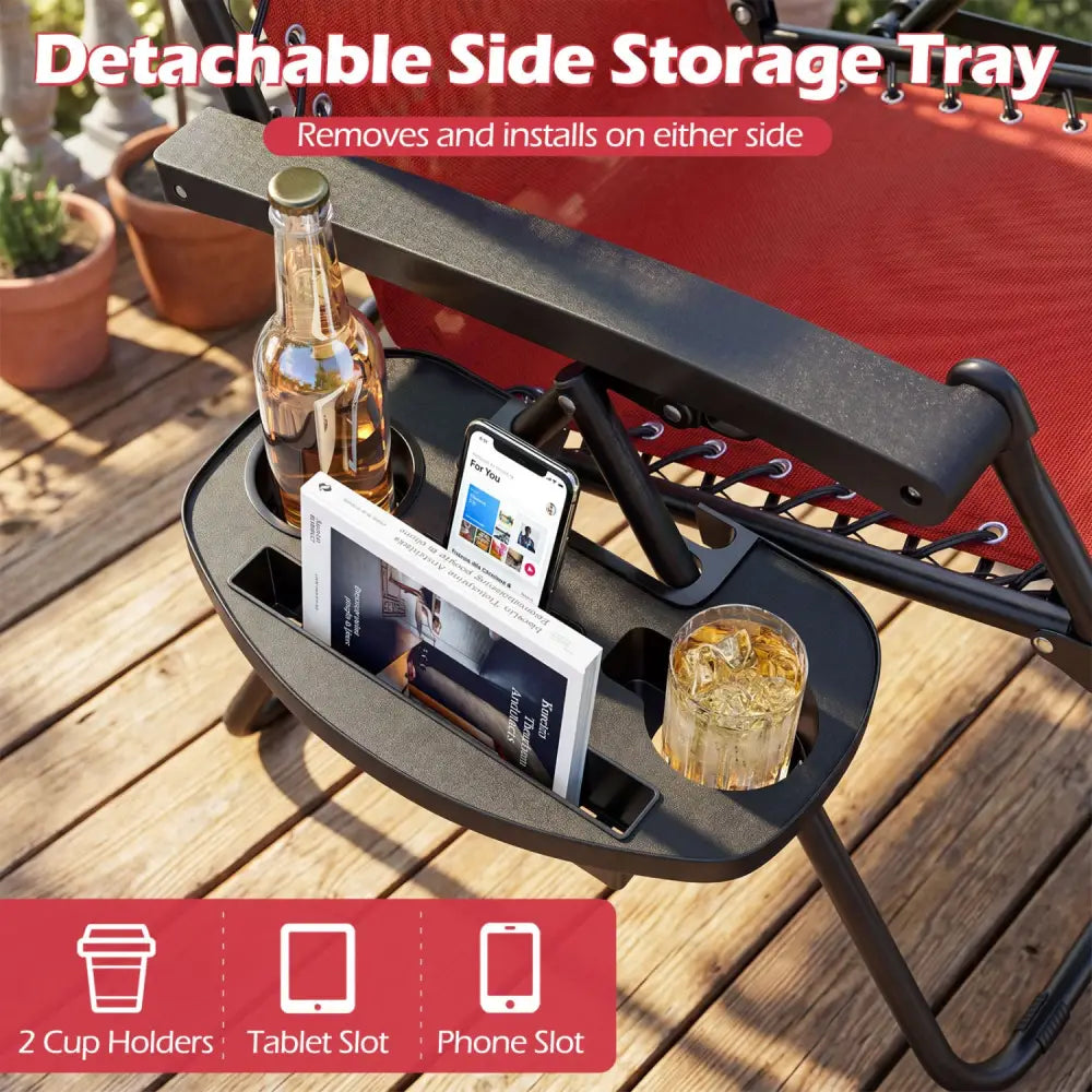 Portable Zero Gravity Chairs with Cup Holder Trays and Backrest Set of 2-Red - Red - Beach & Lawn Chairs