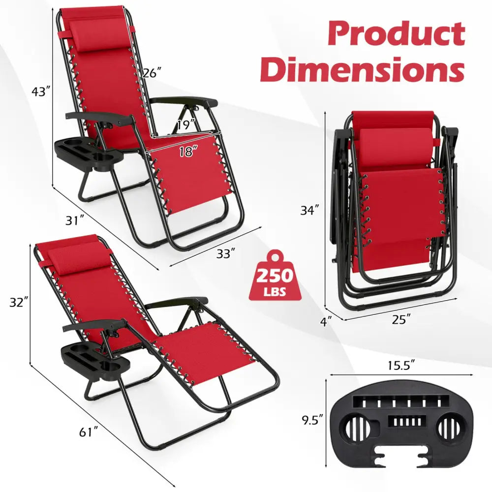 Portable Zero Gravity Chairs with Cup Holder Trays and Backrest Set of 2-Red - Red - Beach & Lawn Chairs