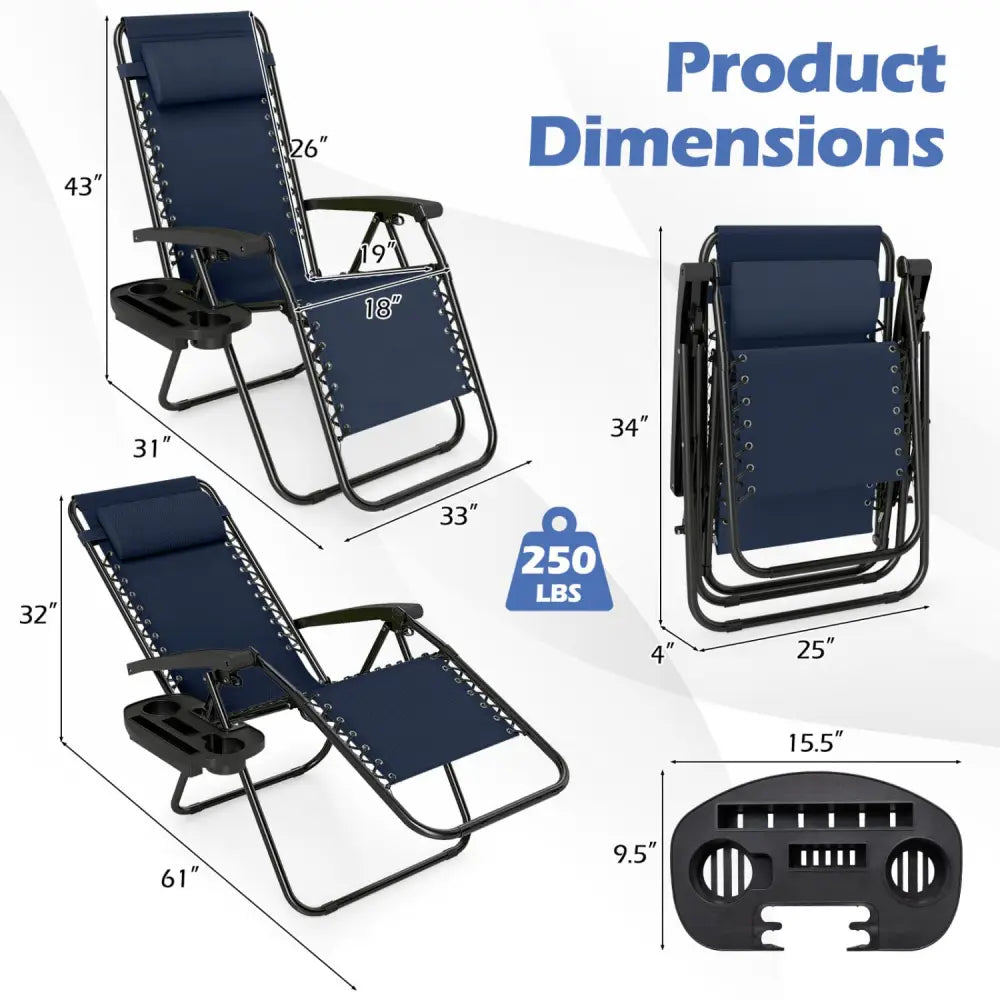 Portable Zero Gravity Chairs with Cup Holder Trays and Backrest Set of 2-Navy - Navy - Beach & Lawn Chairs