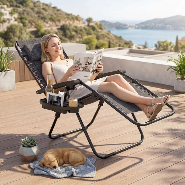 Portable Zero Gravity Chairs with Cup Holder Trays and Backrest Set of 2-Gray - Gray - Beach & Lawn Chairs