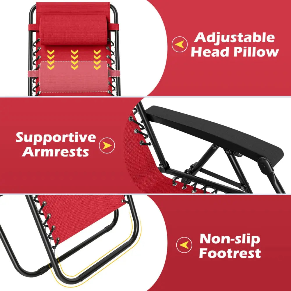 Portable Zero Gravity Chairs with Cup Holder Trays and Backrest Set of 2-Red - Red - Beach & Lawn Chairs