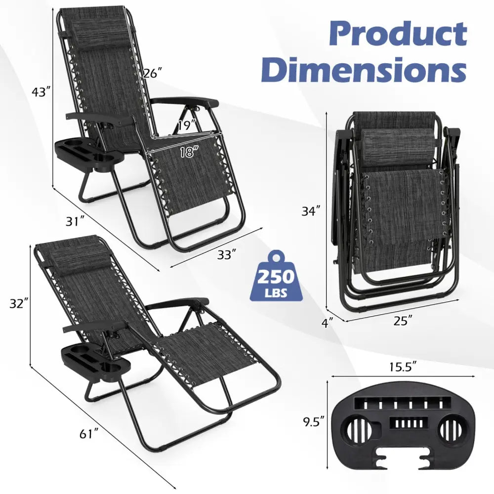 Portable Zero Gravity Chairs with Cup Holder Trays and Backrest Set of 2-Gray - Gray - Beach & Lawn Chairs