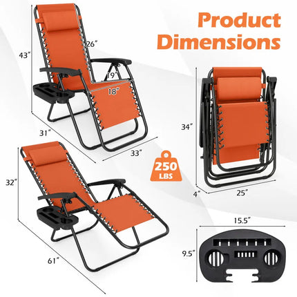 Portable Zero Gravity Chairs with Cup Holder Trays and Backrest Set of 2-Orange - Orange - Beach & Lawn Chairs