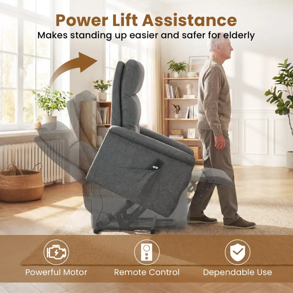 Power Lift Recliner Chair for Elderly with Remote Control and Side Storage Pocket-Gray - Gray - Recliners