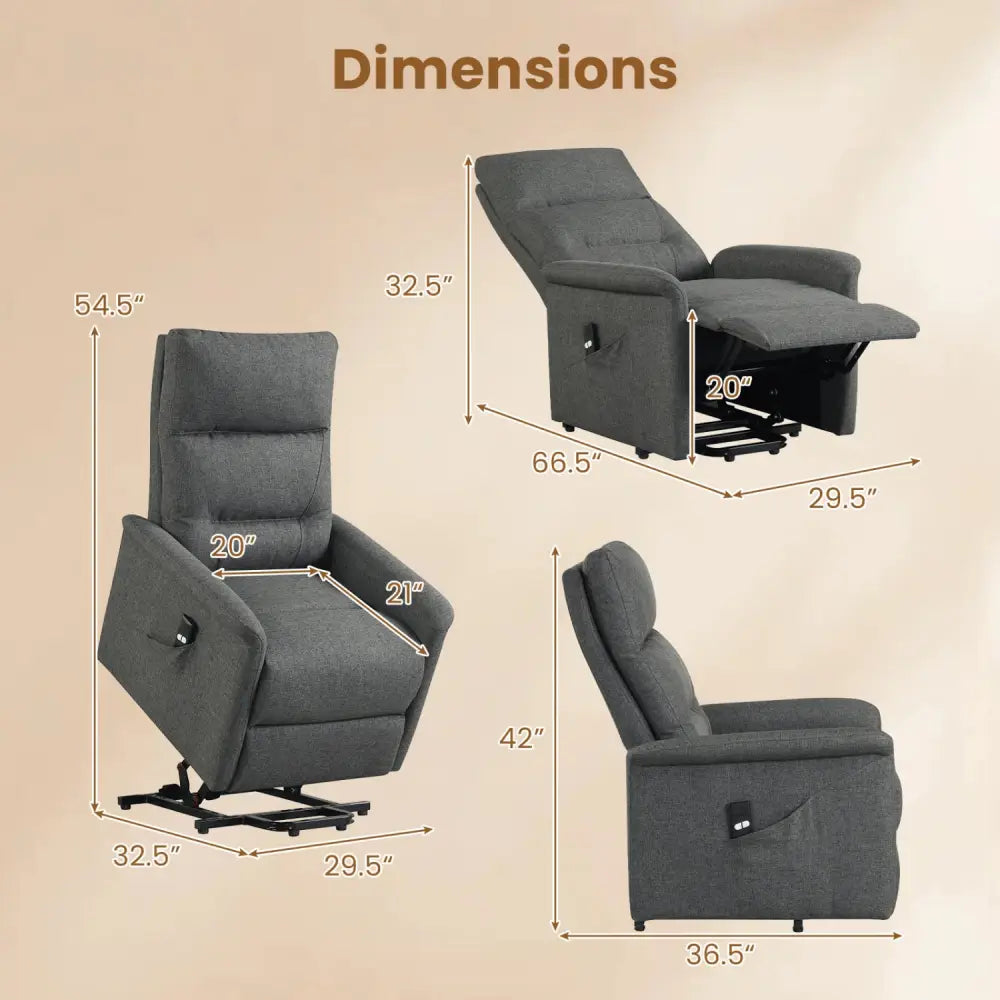 Power Lift Recliner Chair for Elderly with Remote Control and Side Storage Pocket-Gray - Gray - Recliners