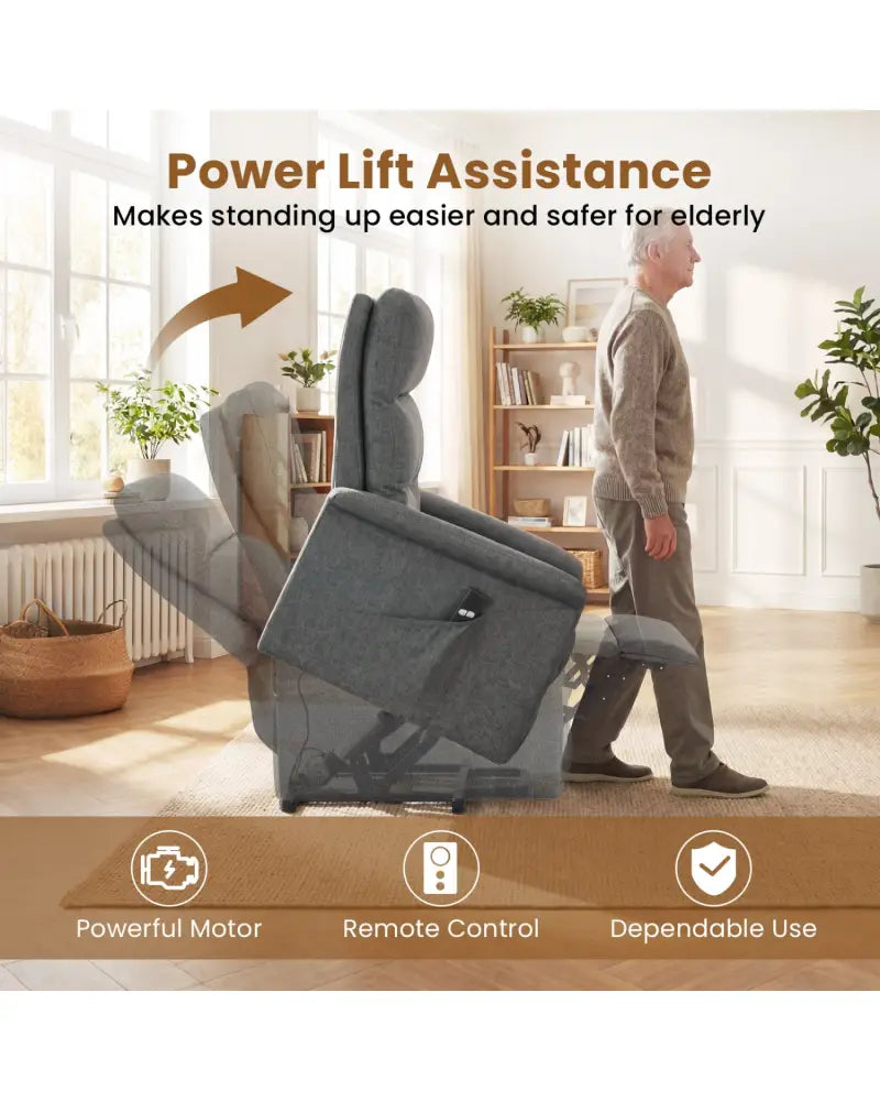 Power Lift Recliner Chair for Elderly with Remote Control and Side Storage Pocket-Gray - Gray - Recliners