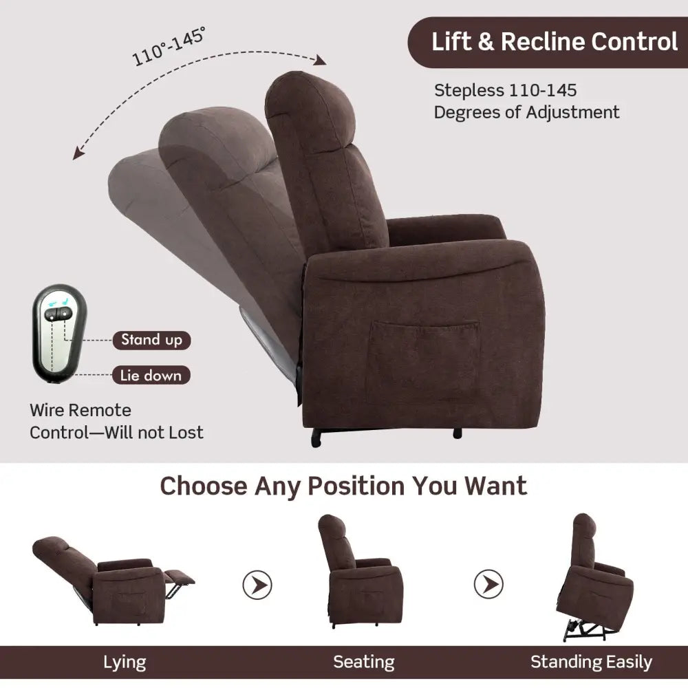 Power Lift Recliner Chair with Remote Control for Elderly-Brown - Brown - Recliners