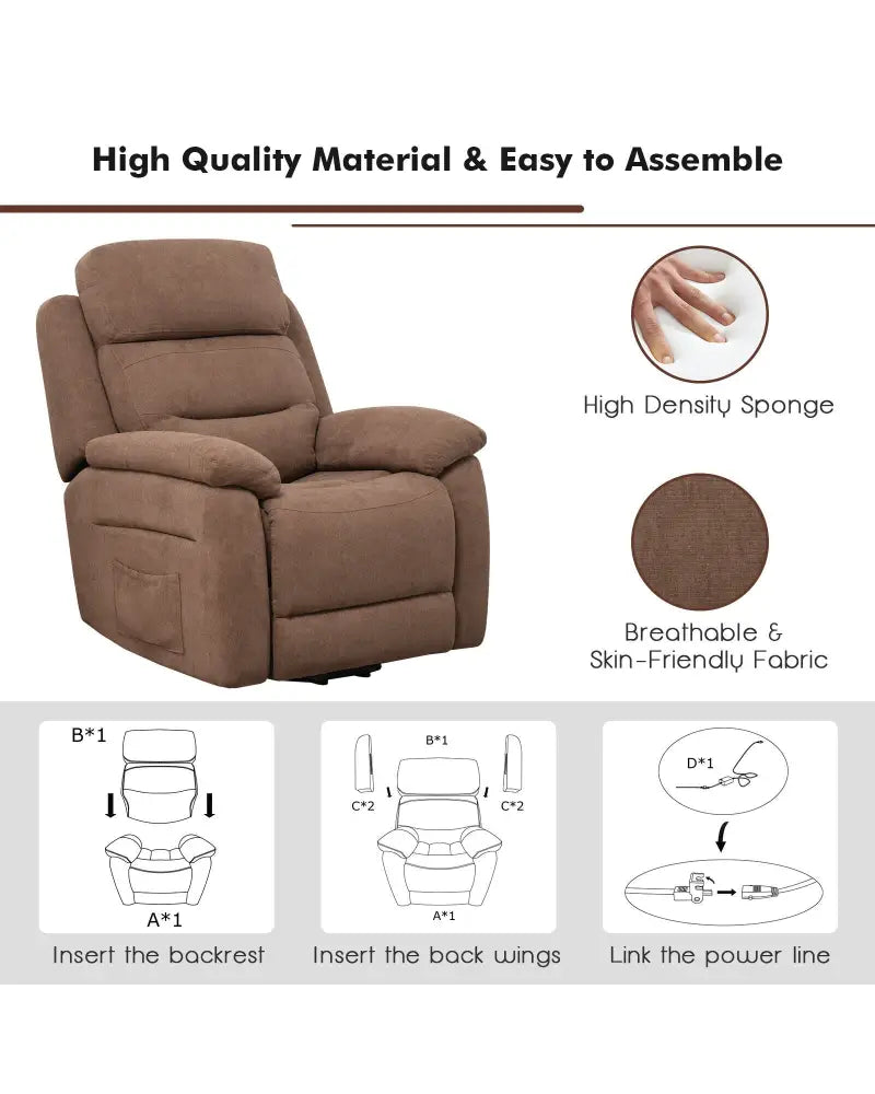 Power Lift Recliner Sofa with Side Pocket and Remote Control-Brown - Brown - Recliners