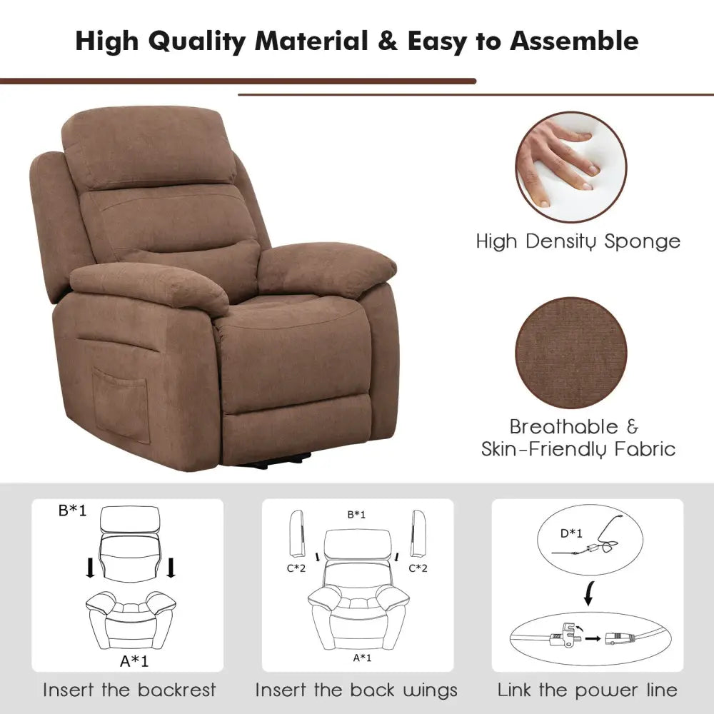 Power Lift Recliner Sofa with Side Pocket and Remote Control-Brown - Brown - Recliners