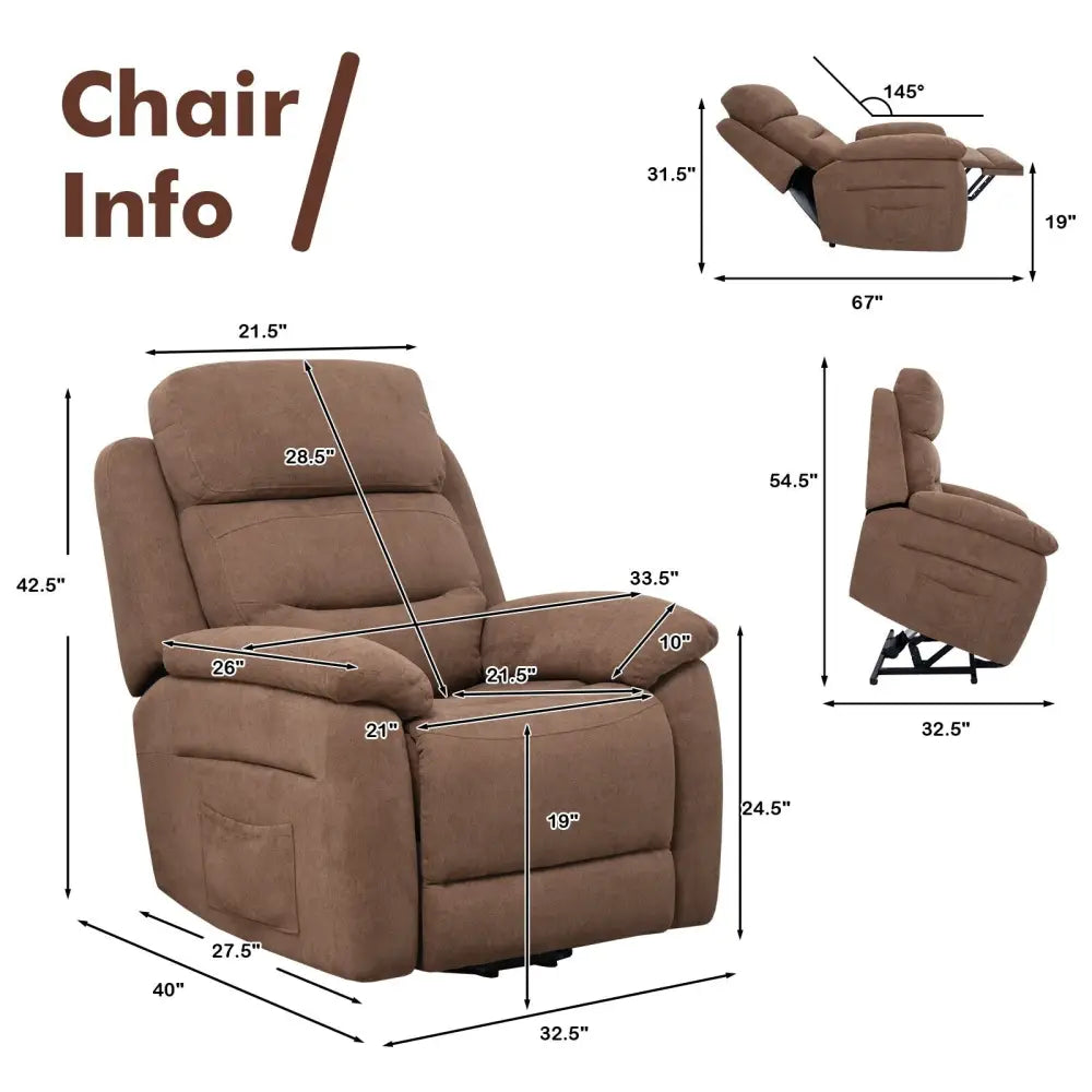 Power Lift Recliner Sofa with Side Pocket and Remote Control-Brown - Brown - Recliners