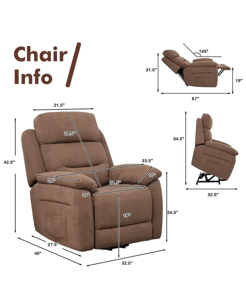 Power Lift Recliner Sofa with Side Pocket and Remote Control-Brown - Brown - Recliners