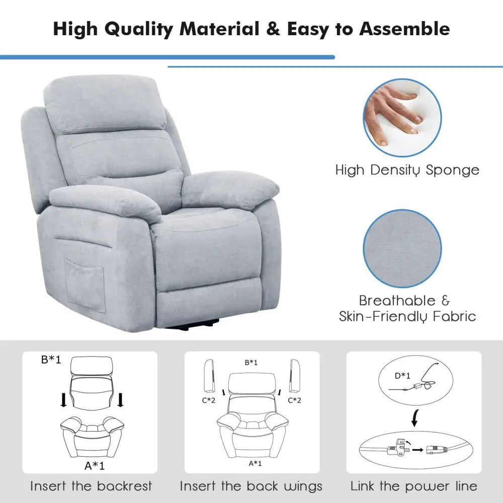 Power Lift Recliner Sofa with Side Pocket and Remote Control-Gray - Gray - Recliners