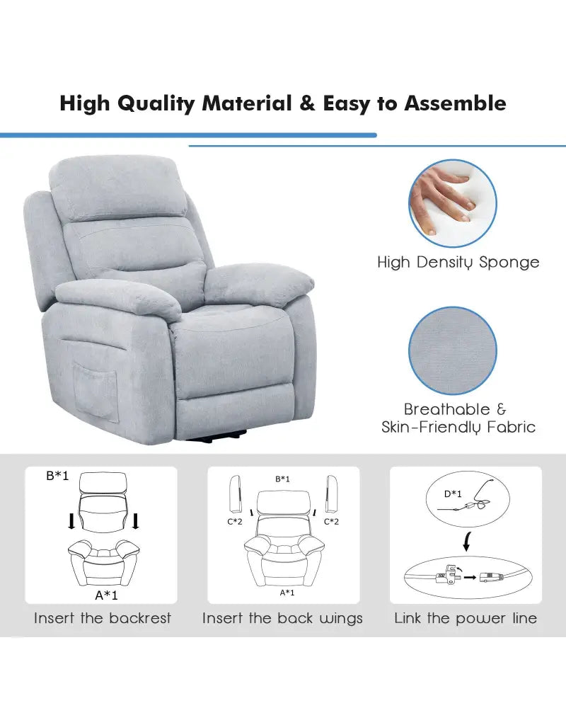 Power Lift Recliner Sofa with Side Pocket and Remote Control-Gray - Gray - Recliners
