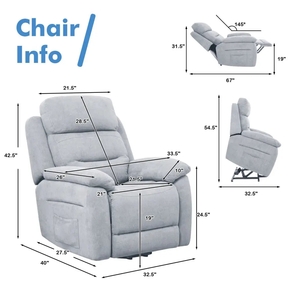 Power Lift Recliner Sofa with Side Pocket and Remote Control-Gray - Gray - Recliners
