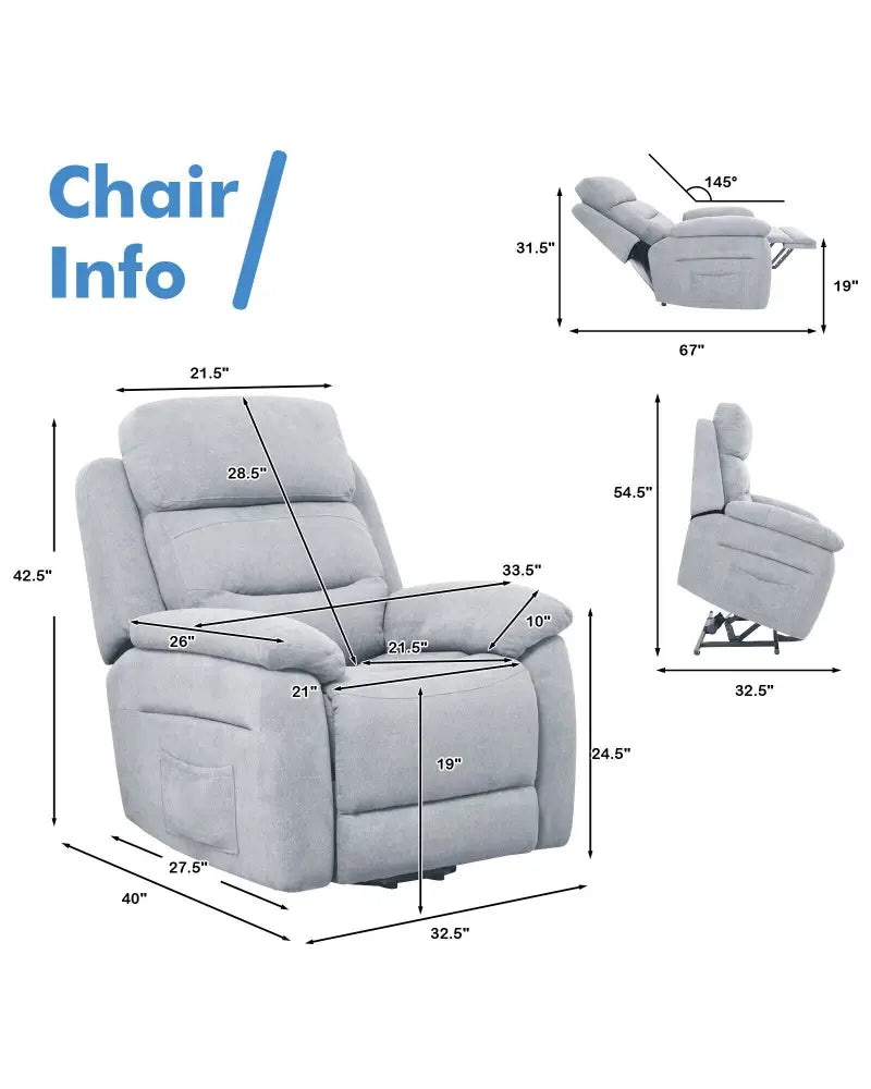 Power Lift Recliner Sofa with Side Pocket and Remote Control-Gray - Gray - Recliners