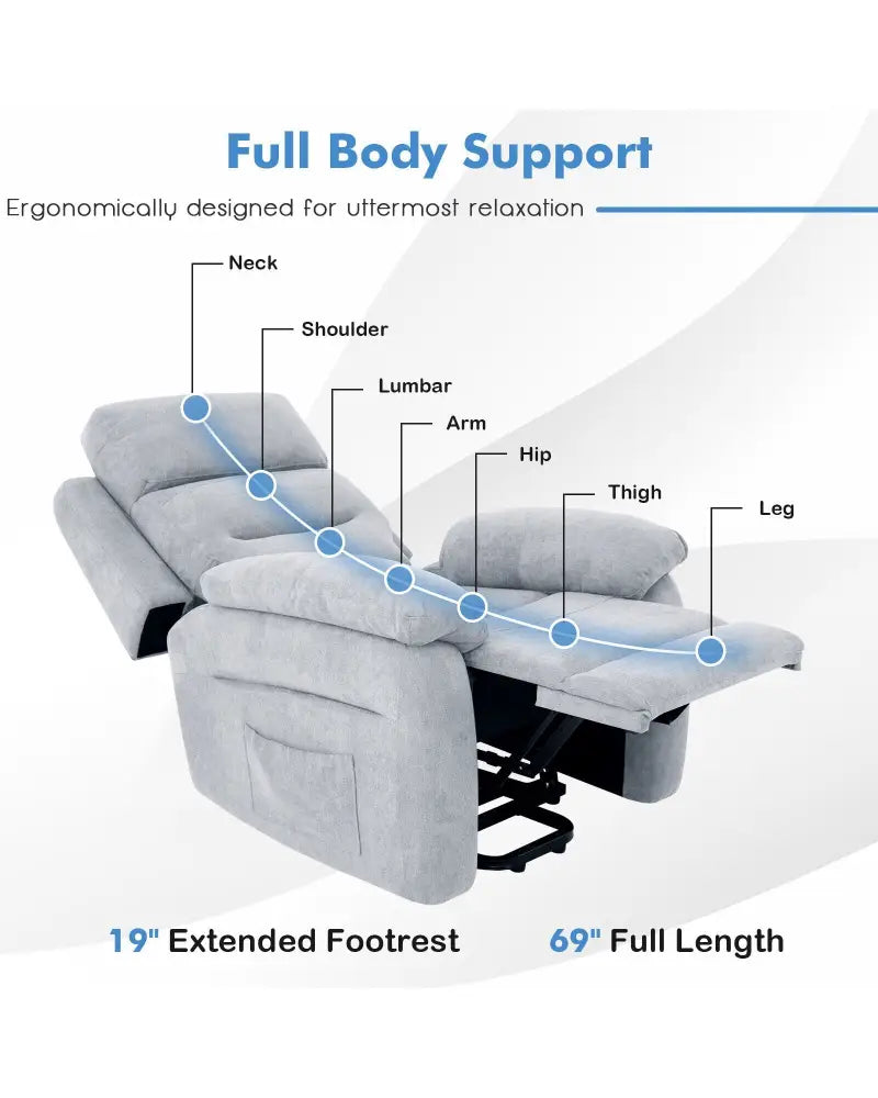 Power Lift Recliner Sofa with Side Pocket and Remote Control-Gray - Gray - Recliners