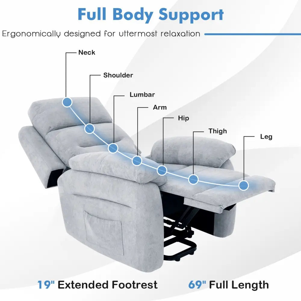 Power Lift Recliner Sofa with Side Pocket and Remote Control-Gray - Gray - Recliners