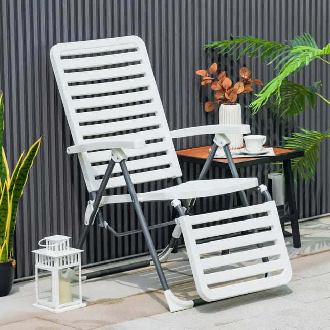 PP Folding Patio Chaise Lounger with 7-Level Backrest and Cozy Footrest - White - Outdoor Chaise Lounges