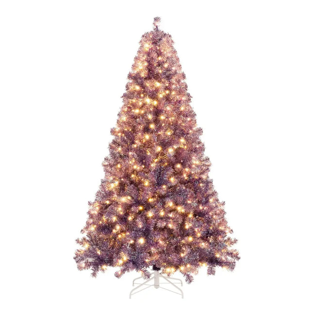Pre-Lit Tinsel Christmas Tree Artificial Xmas Tree with Lush Branch Tips and Warm White LED Lights-7.5ft - Christmas