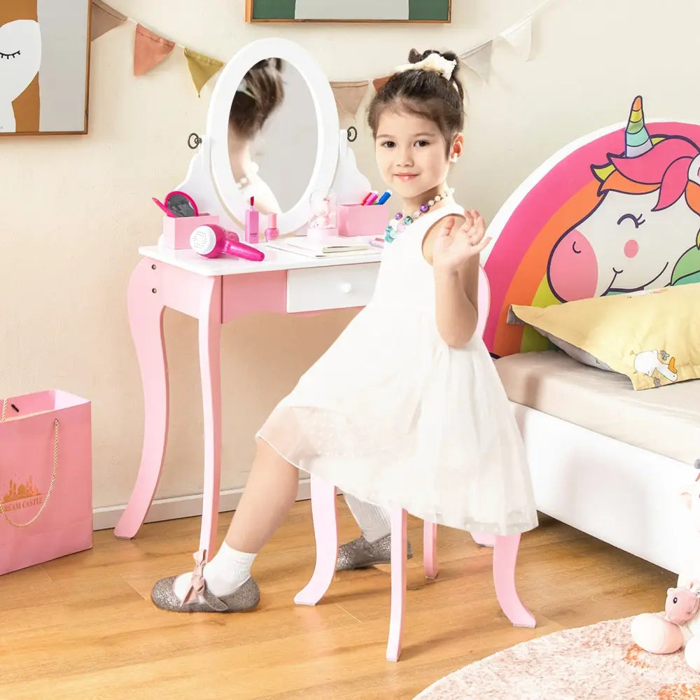 Pretend Kids Vanity Set with 360° Rotatable Mirror and Play Accessories - Pink - Kids Vanities