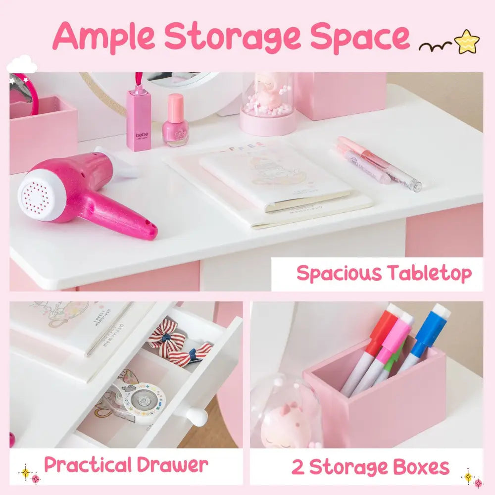 Pretend Kids Vanity Set with 360° Rotatable Mirror and Play Accessories - Pink - Kids Vanities