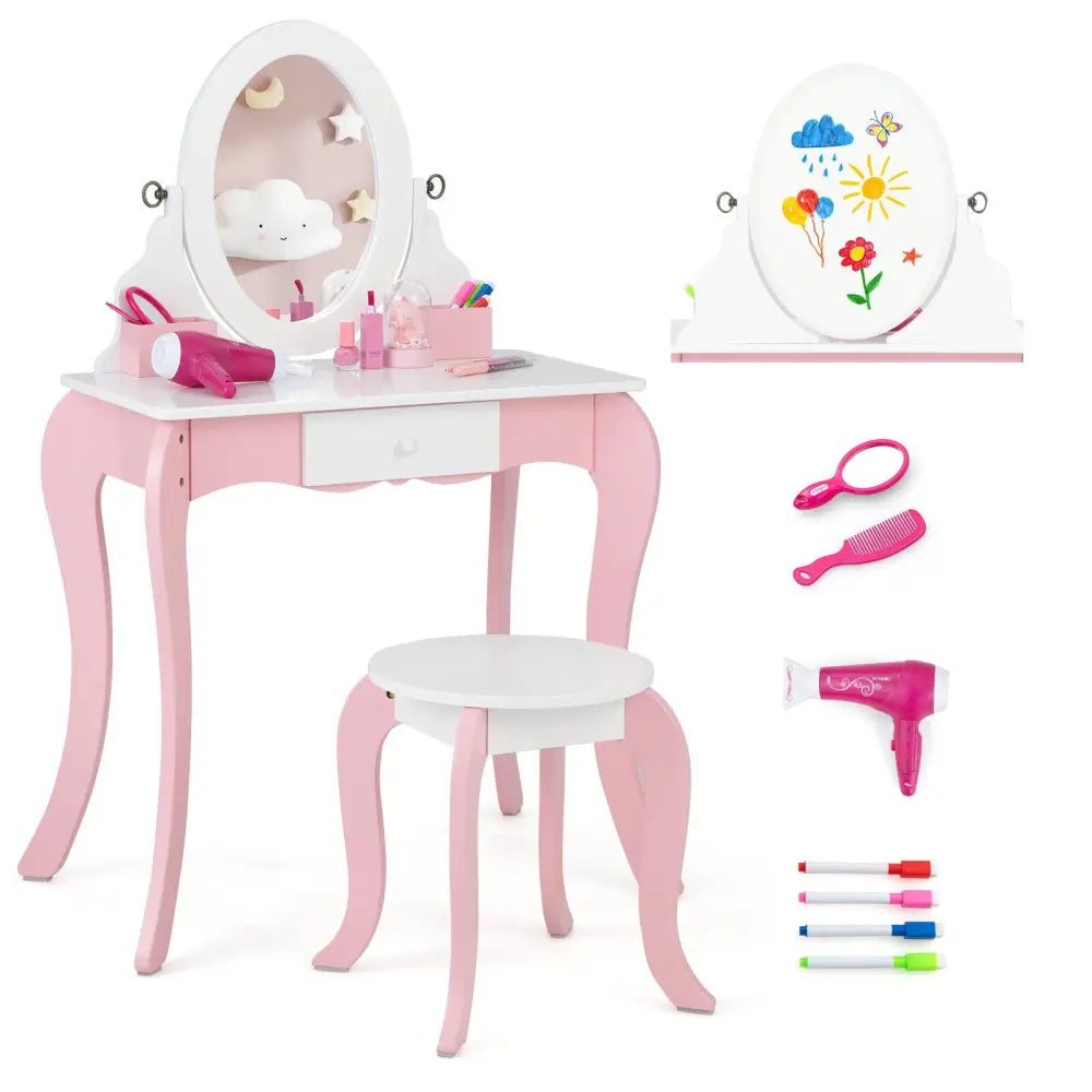 Pretend Kids Vanity Set with 360° Rotatable Mirror and Play Accessories - Pink - Kids Vanities